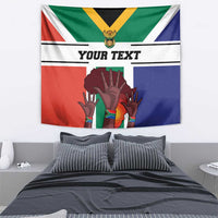 South Africa Heritage Day tapestry flag featuring colorful hands and 'YOUR TEXT' text strip.