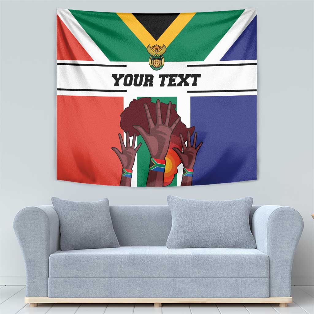 South Africa Heritage Day tapestry flag with tricolor design, hands, and 'YOUR TEXT' text.
