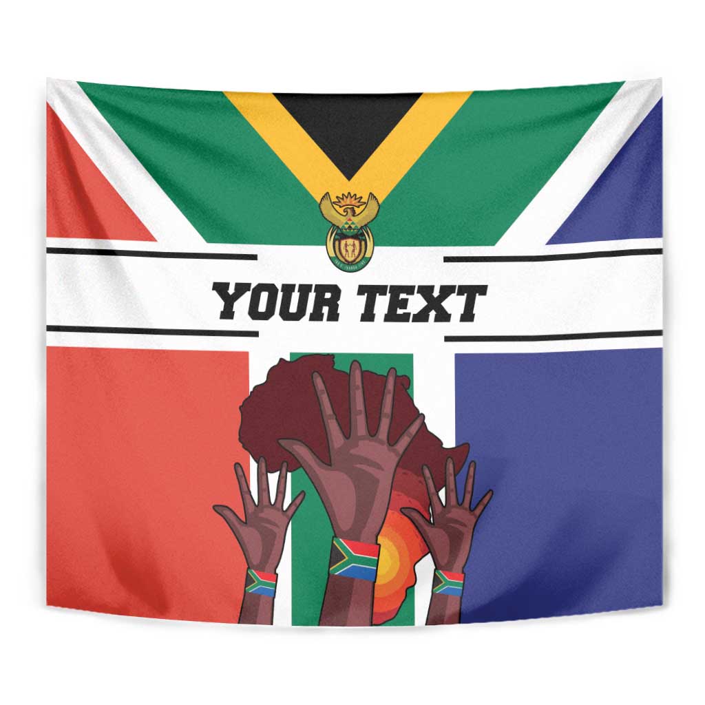 Close-up South Africa Heritage Day tapestry flag with hands graphic and 'YOUR TEXT' lettering.