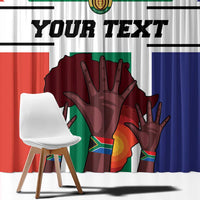 Close view of South Africa flag window curtain fabric with “YOUR TEXT” and hand artwork