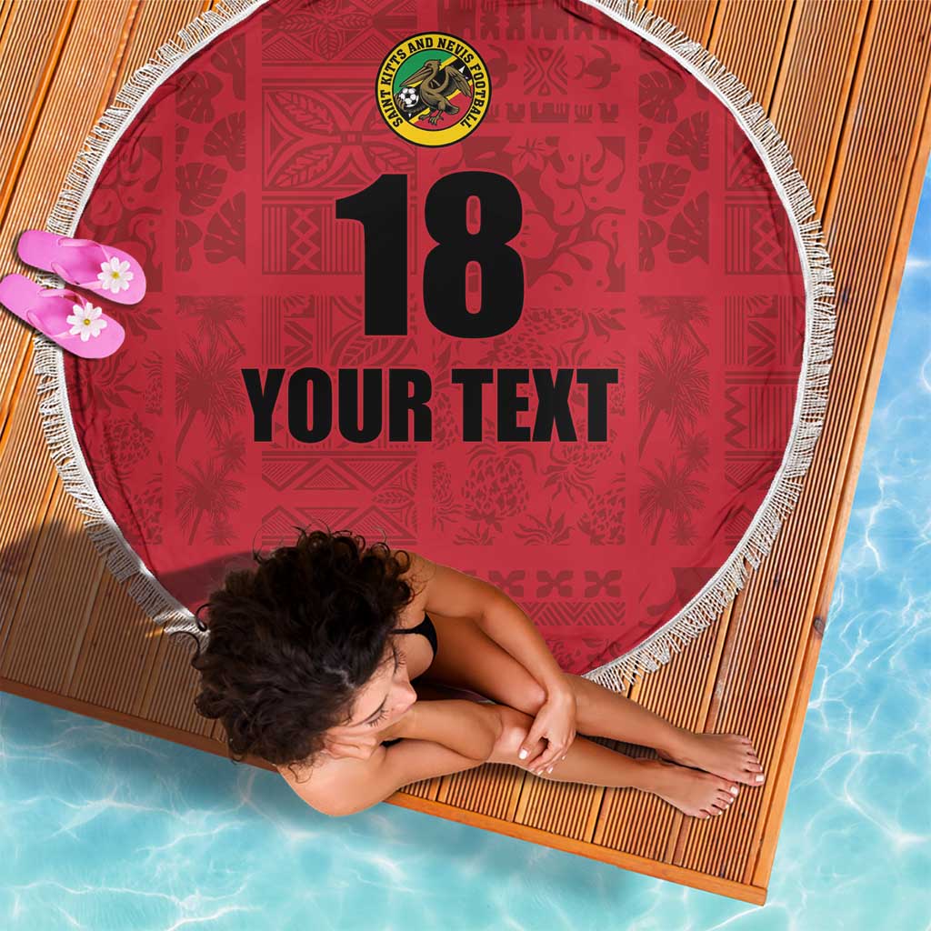 Red round beach blanket with white fringe, number 18 and custom text, island crest