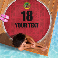 Red round beach blanket with white fringe, number 18 and custom text, island crest