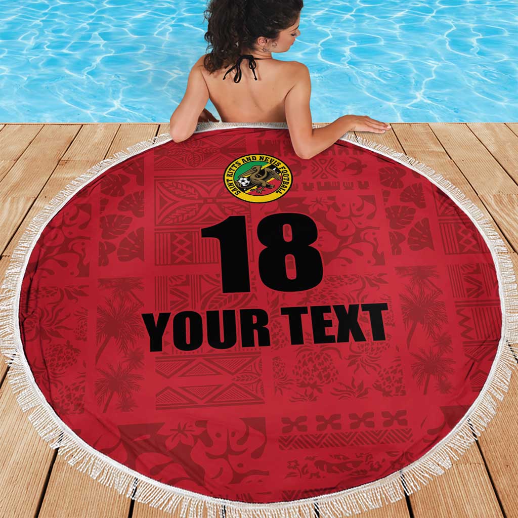 Red round beach blanket with white fringe, number 18 and custom text, shown with person