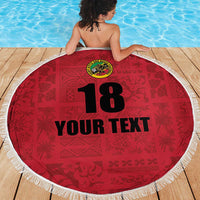 Red round beach blanket with white fringe, number 18 and custom text, shown with person