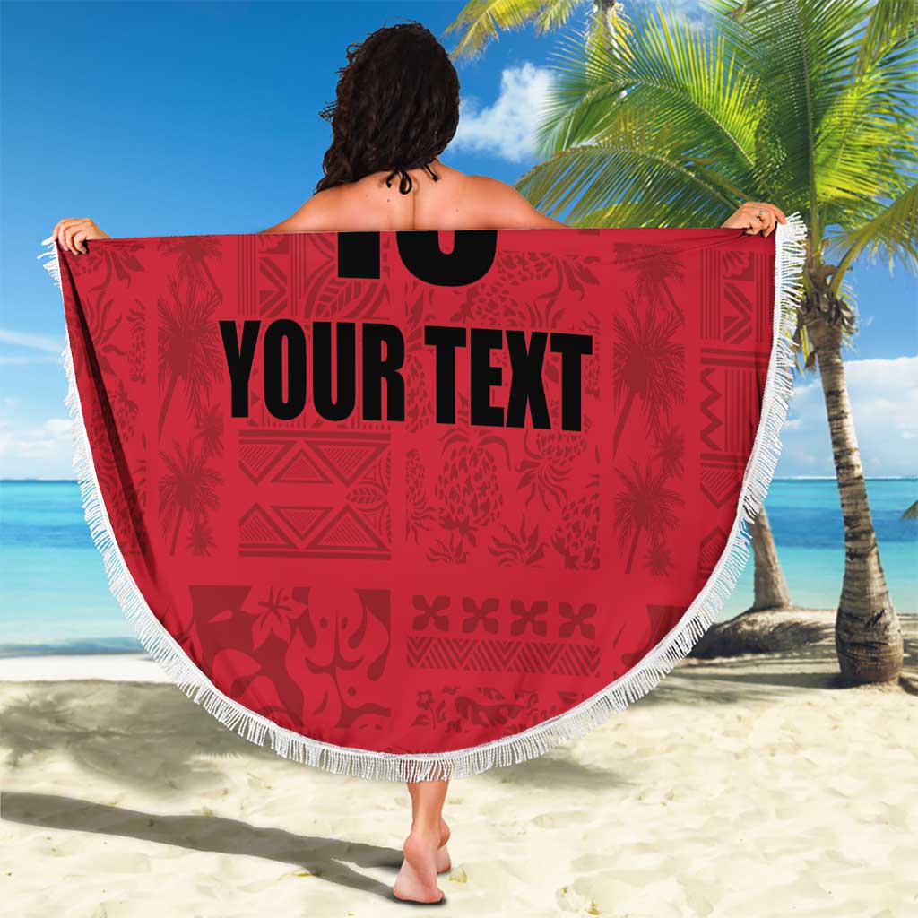 Red round beach blanket with white fringe, number 18 and custom text, displayed as cape