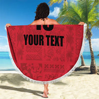 Red round beach blanket with white fringe, number 18 and custom text, displayed as cape