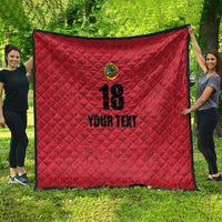 Red quilt blanket with diamond quilting, center crest emblem, “18” and “YOUR TEXT”
