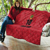 Red quilt blanket with diamond quilting, crest emblem, “18,” and “YOUR TEXT”