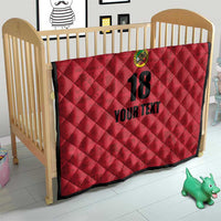 Red quilt blanket on bed, diamond stitching, crest emblem, “18,” and “YOUR TEXT”