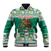 Green baseball jacket with Feliz Navidad graphic, eagle crest, and Aztec-style patterns