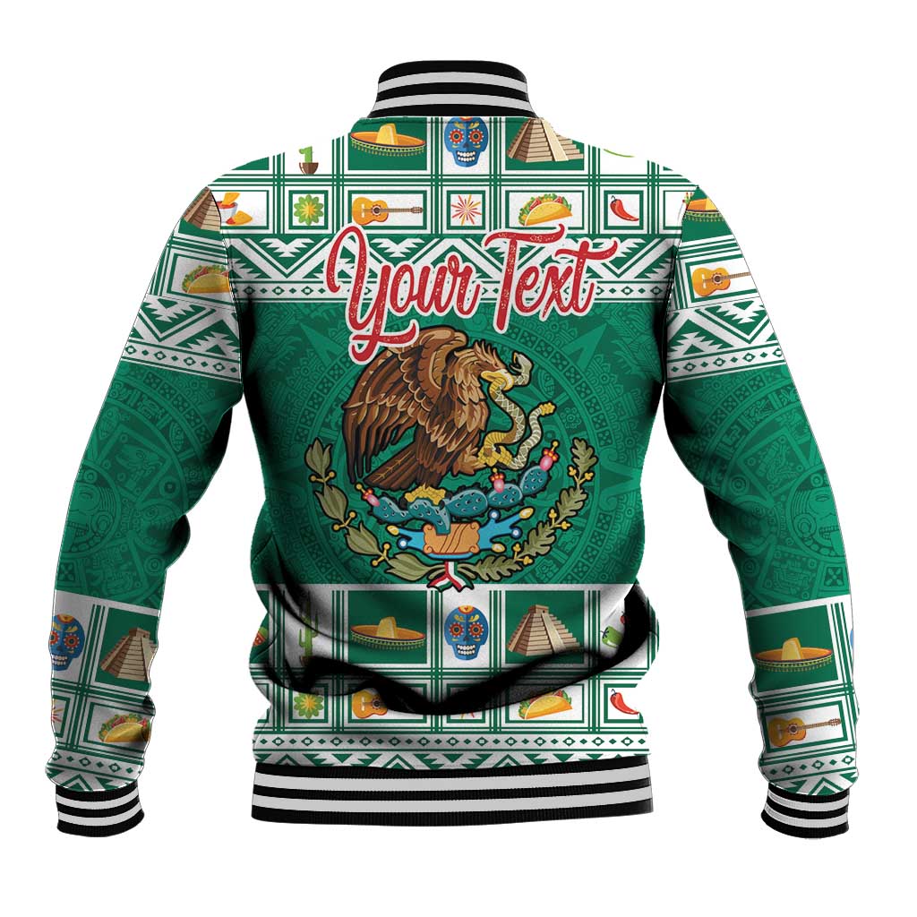 Green baseball jacket with back Your Text print, eagle emblem, and Aztec-style trim