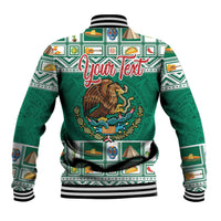Green baseball jacket with back Your Text print, eagle emblem, and Aztec-style trim