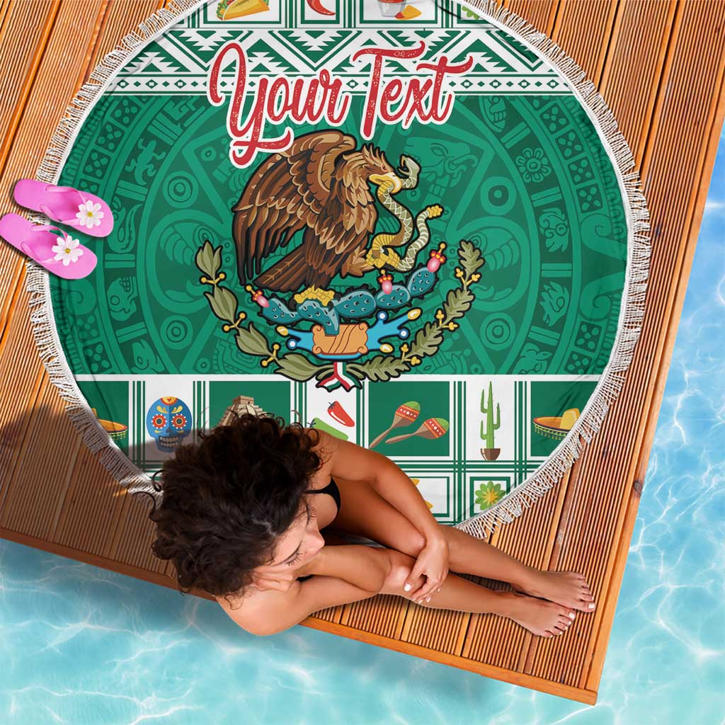 Round green beach blanket with fringed edge, Mexico coat of arms design and Your Text
