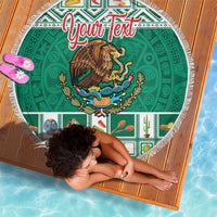 Round green beach blanket with fringed edge, Mexico coat of arms design and Your Text