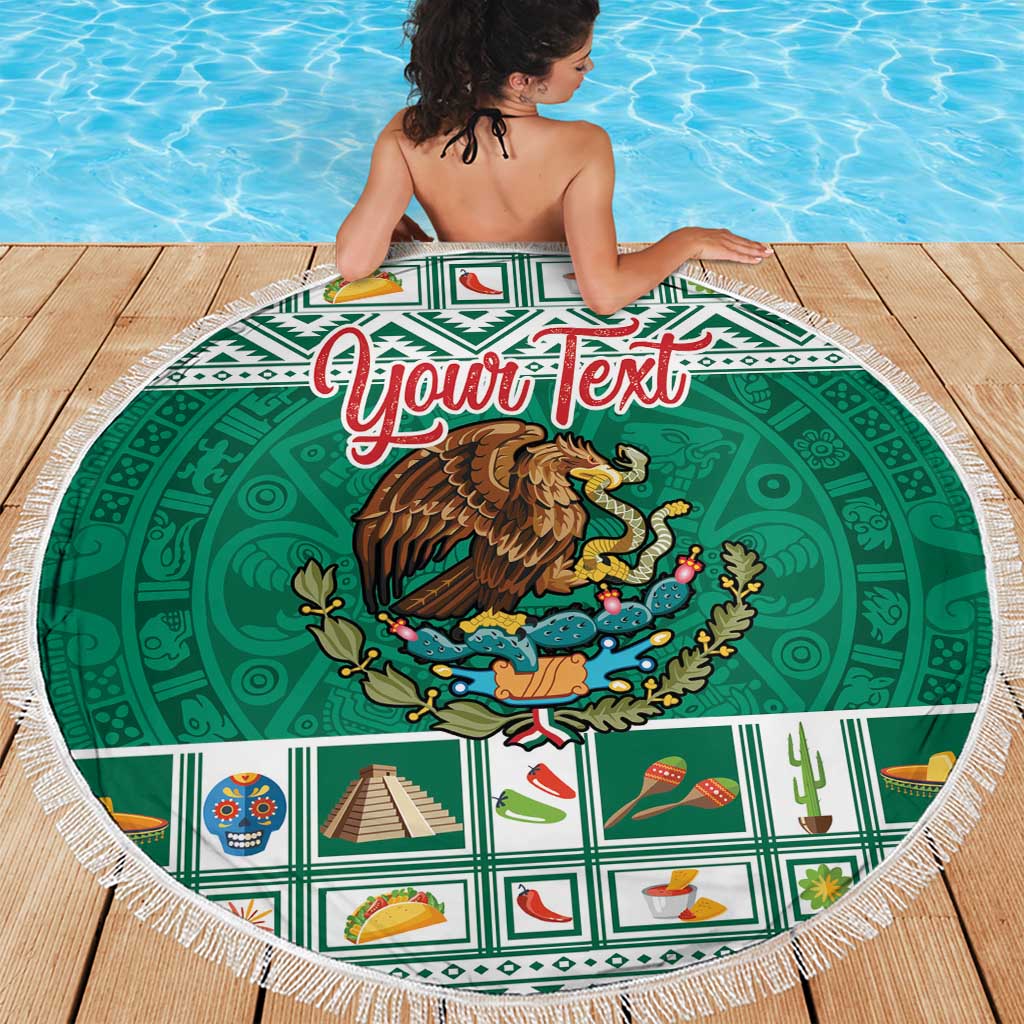 Round green beach blanket with fringed edge, Mexico coat of arms and Aztec-style icons