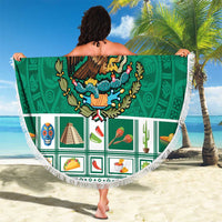 Round green beach blanket with fringed edge, Mexico coat of arms with cactus and Your Text