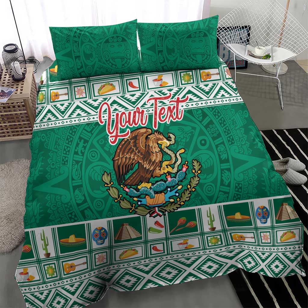 Green bedding set with eagle emblem, cactus and food motif strip, plus two pillowcases