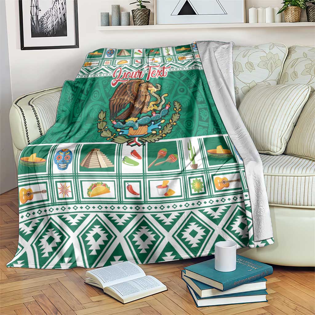 Green Mexico Christmas blanket with eagle coat of arms and Aztec border, Your Text
