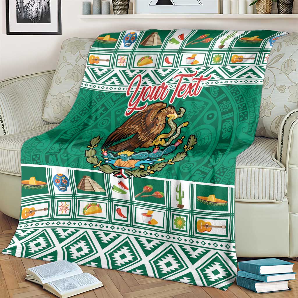 Green Mexico Christmas blanket with eagle coat of arms, Aztec-style border, Your Text