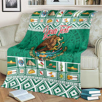 Green Mexico Christmas blanket with eagle coat of arms, Aztec-style border, Your Text