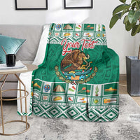 Green personalized blanket with eagle coat of arms, Aztec patterns, and red "Your Text"