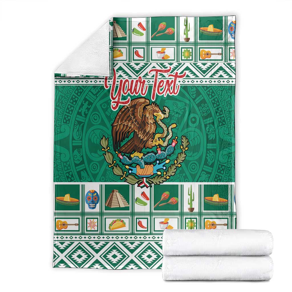 Folded green Christmas blanket with eagle coat of arms, Aztec pattern band, Your Text