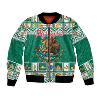 Green zip-up Christmas bomber jacket with Feliz Navidad and ornate eagle crest