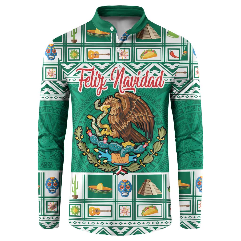 Green half-button sweatshirt with eagle coat of arms, Feliz Navidad, Aztec patterns