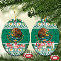 Green round ceramic Mexico ornaments with eagle coat of arms and Feliz Navidad/Your Text.