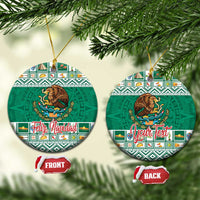 Green circular ceramic Mexico ornament with eagle coat of arms and Feliz Navidad/Your Text.
