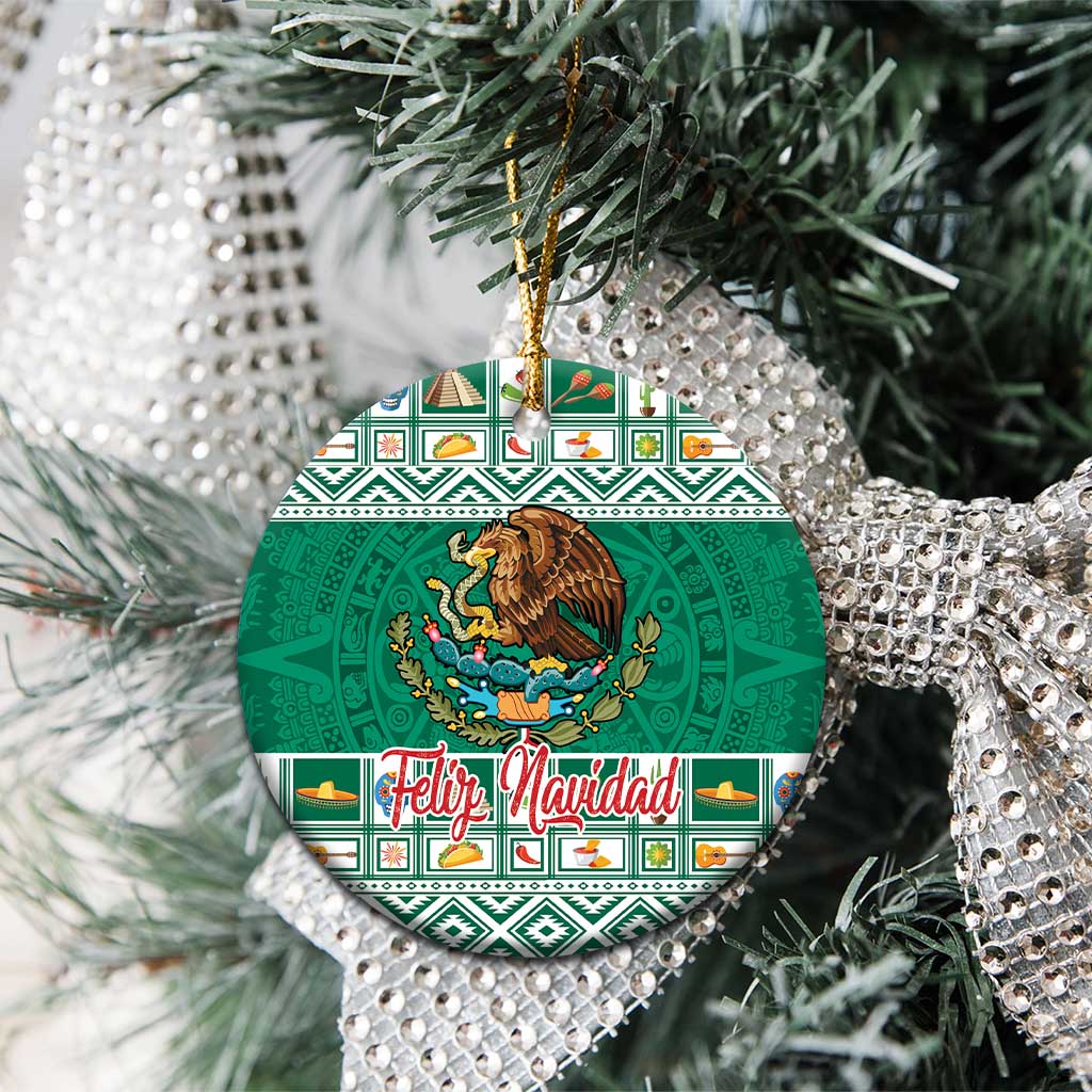 Green round ceramic Mexico ornament with eagle coat of arms and Feliz Navidad lettering.