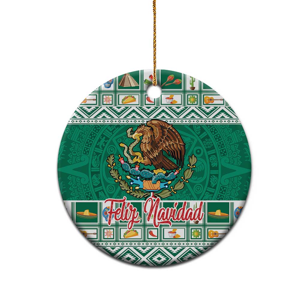Green circular ceramic Mexico ornament featuring eagle coat of arms and Feliz Navidad text.
