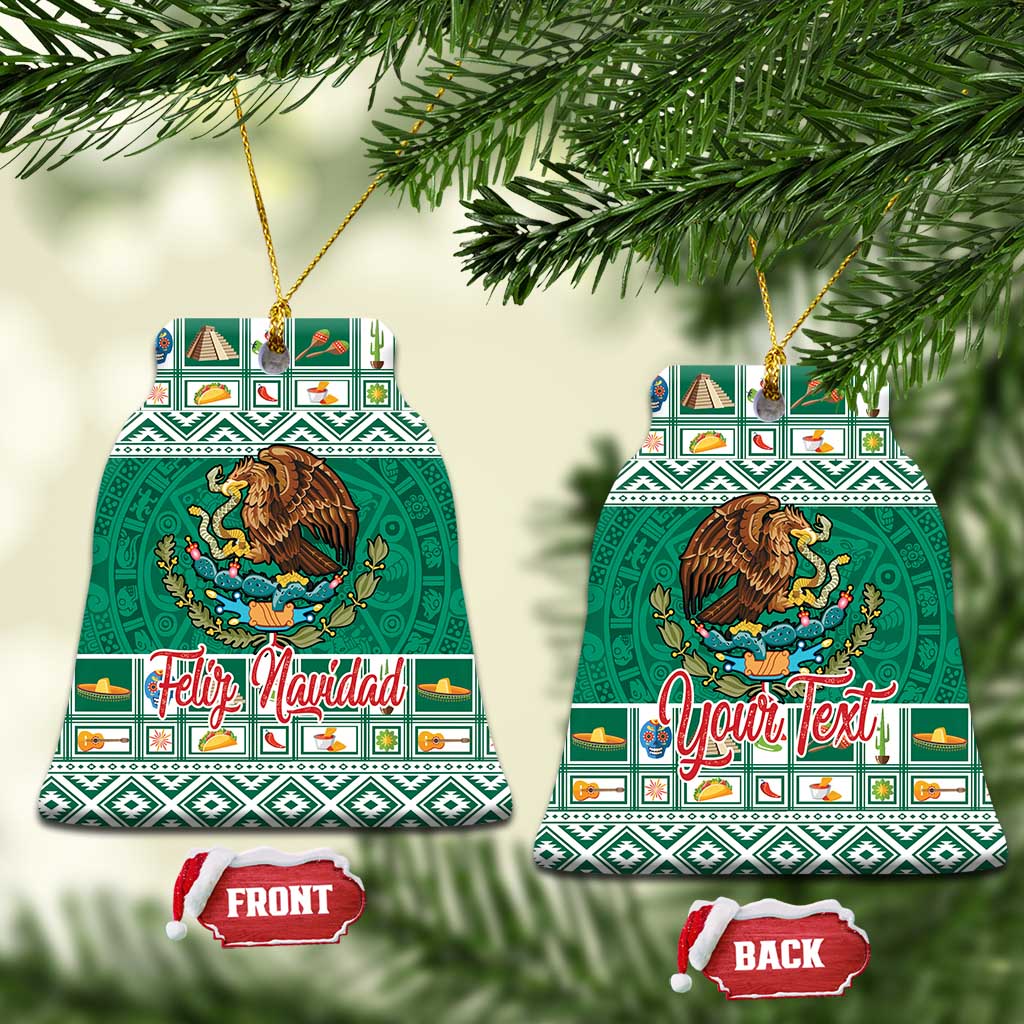 Green ceramic Mexico ornament in bell shape with eagle coat of arms, Feliz Navidad/Your Text.