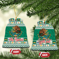 Green ceramic Mexico ornament in bell shape with eagle coat of arms, Feliz Navidad/Your Text.