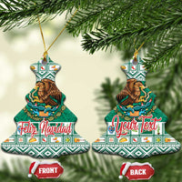 Green ceramic Mexico ornament in Christmas tree shape with eagle coat of arms and Feliz Navidad/Your Text.