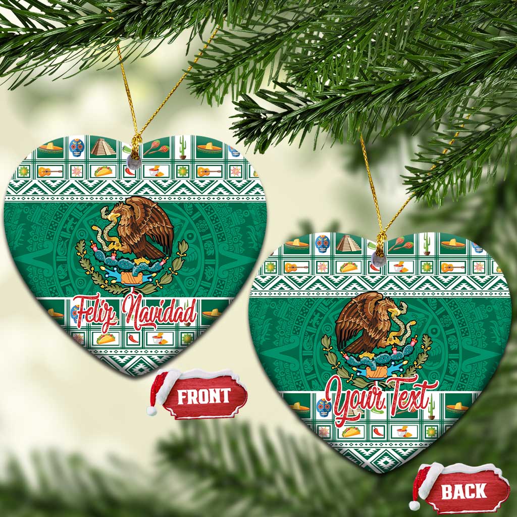 Green heart-shaped ceramic Mexico ornament with eagle coat of arms and Feliz Navidad/Your Text.