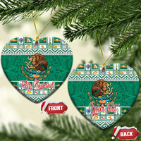 Green heart-shaped ceramic Mexico ornament with eagle coat of arms and Feliz Navidad/Your Text.