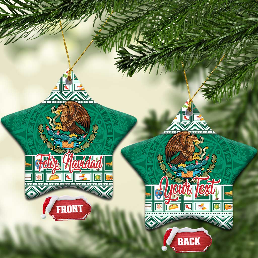 Green star-shaped ceramic Mexico ornament with eagle coat of arms and Feliz Navidad/Your Text.