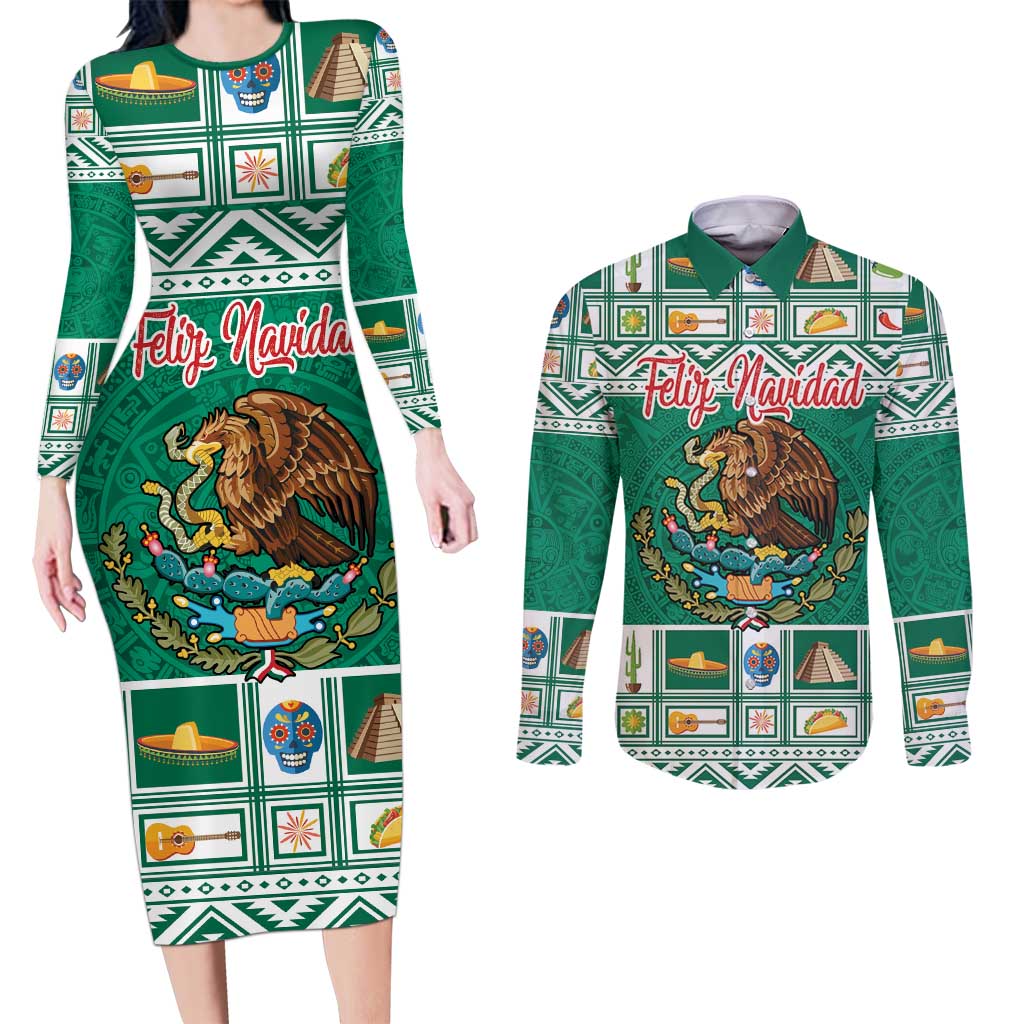 Personalized Mexico Christmas Couples Matching Long Sleeve Bodycon Dress and Long Sleeve Button Shirt Coat Of Arms With Aztec Mexican Patterns - Wonder Print Shop