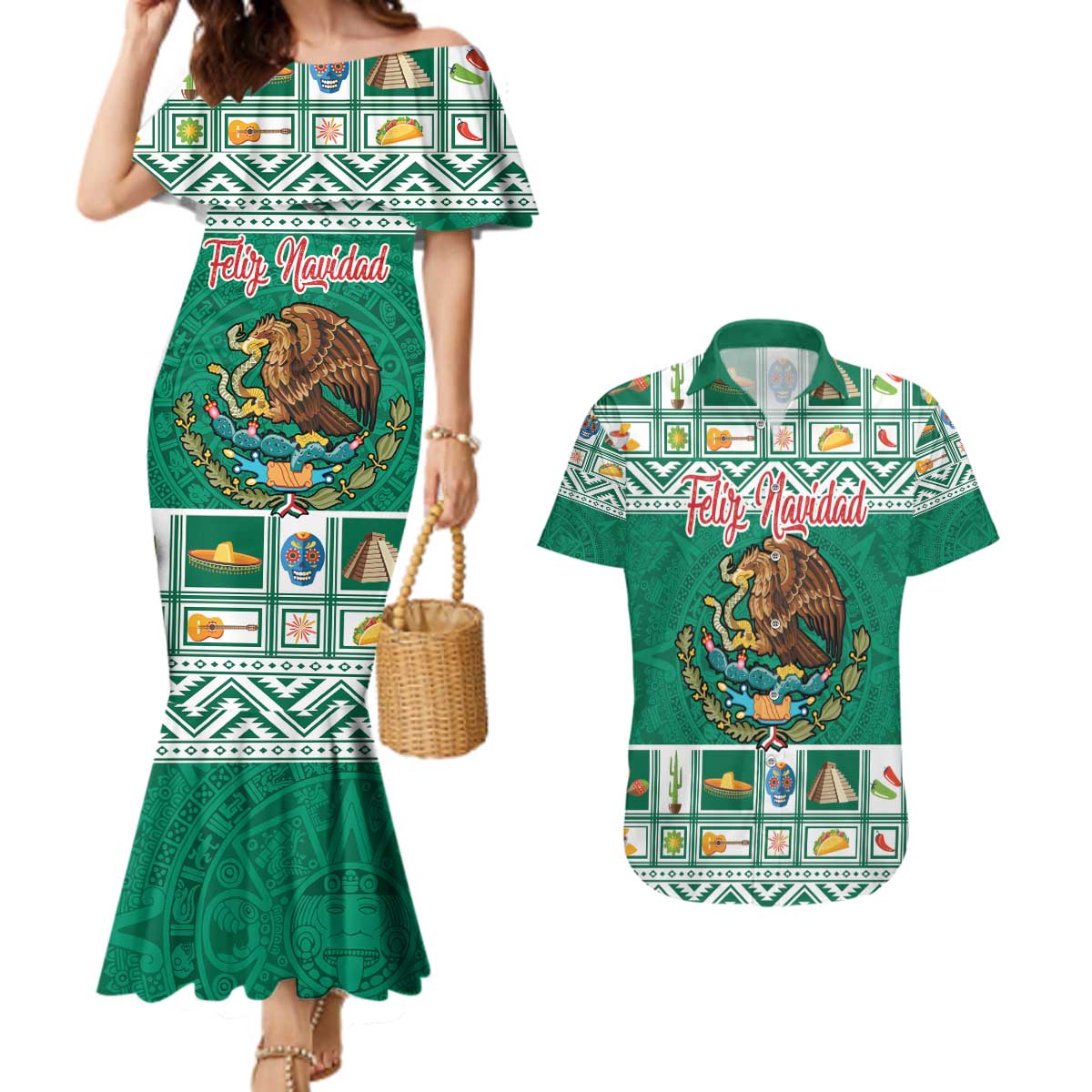 Personalized Mexico Christmas Couples Matching Mermaid Dress and Hawaiian Shirt Coat Of Arms With Aztec Mexican Patterns - Wonder Print Shop