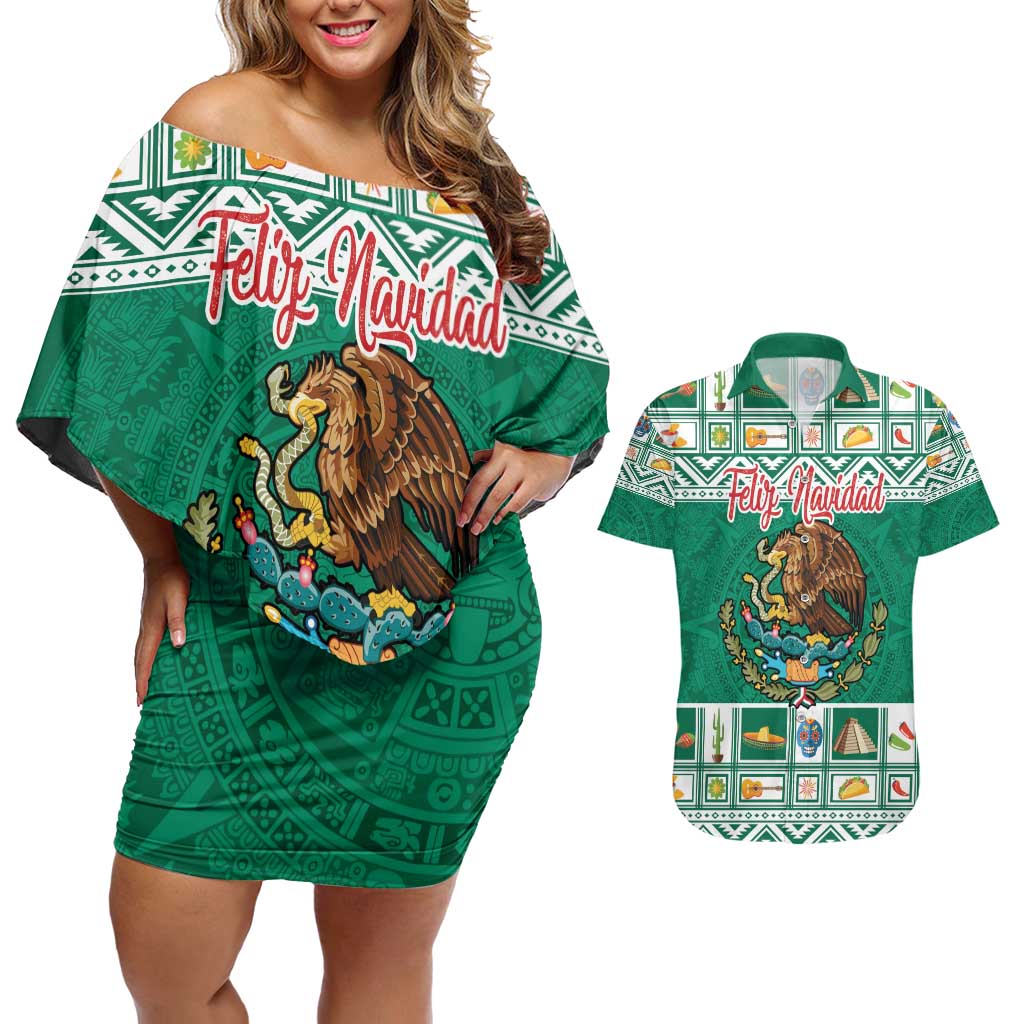 Personalized Mexico Christmas Couples Matching Off Shoulder Short Dress and Hawaiian Shirt Coat Of Arms With Aztec Mexican Patterns - Wonder Print Shop