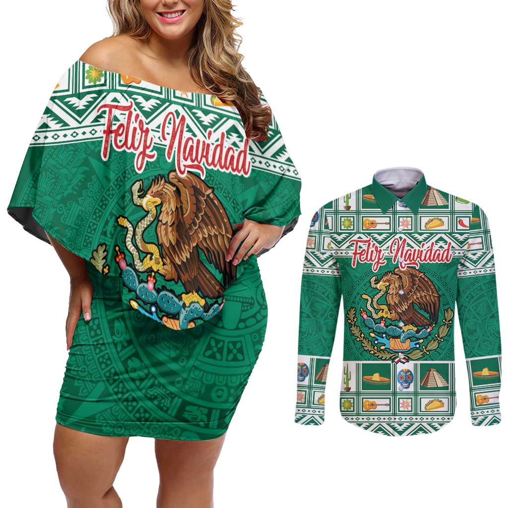 Personalized Mexico Christmas Couples Matching Off Shoulder Short Dress and Long Sleeve Button Shirt Coat Of Arms With Aztec Mexican Patterns - Wonder Print Shop