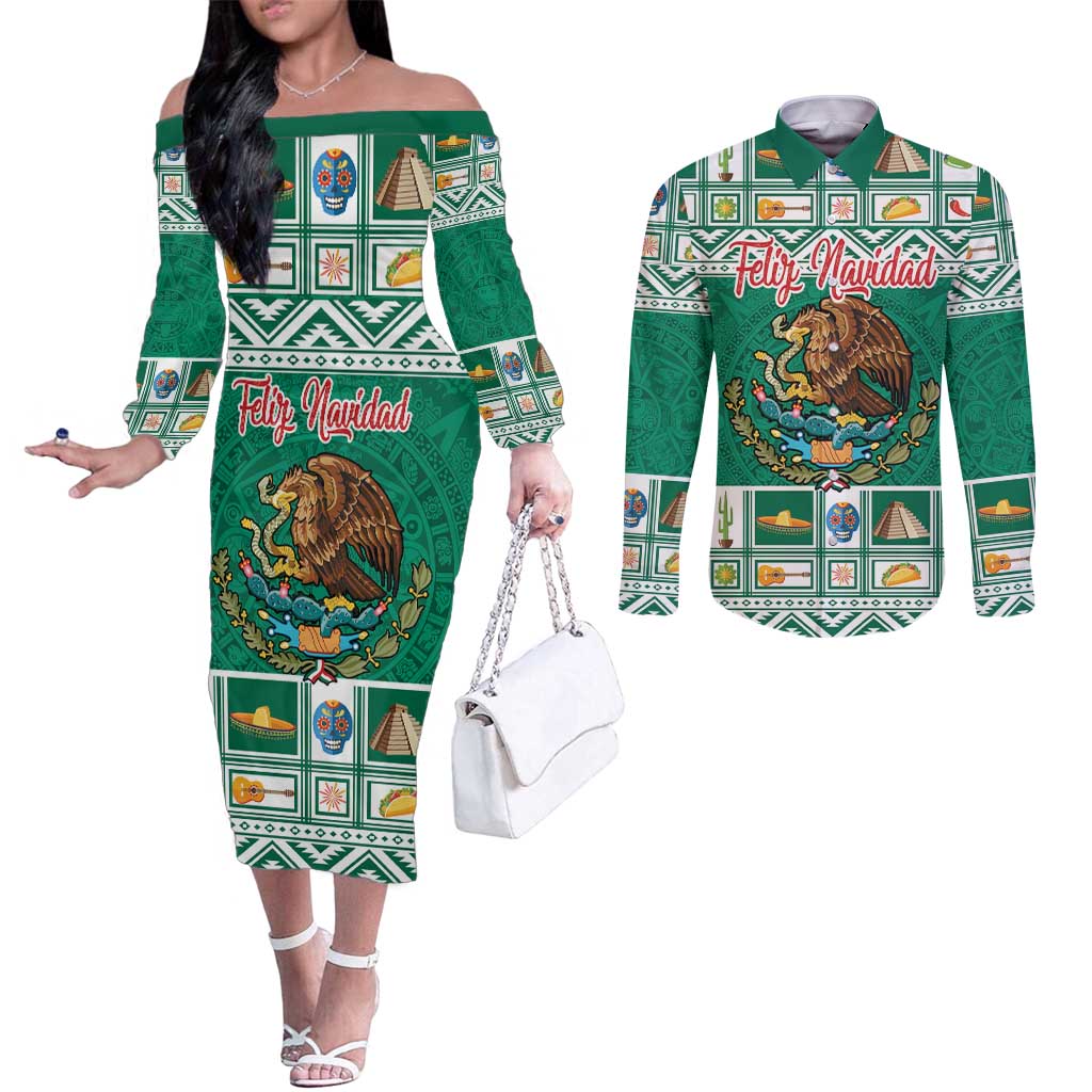 Personalized Mexico Christmas Couples Matching Off The Shoulder Long Sleeve Dress and Long Sleeve Button Shirt Coat Of Arms With Aztec Mexican Patterns