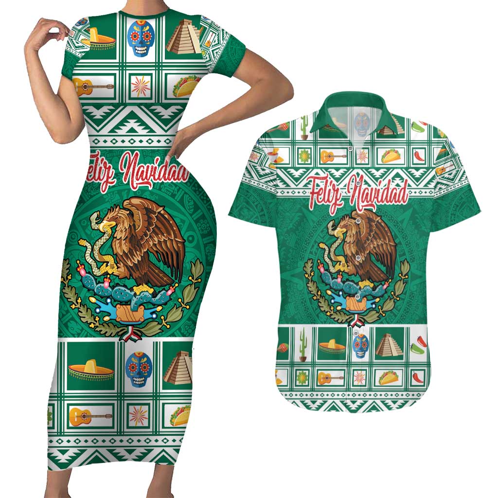 Personalized Mexico Christmas Couples Matching Short Sleeve Bodycon Dress and Hawaiian Shirt Coat Of Arms With Aztec Mexican Patterns - Wonder Print Shop