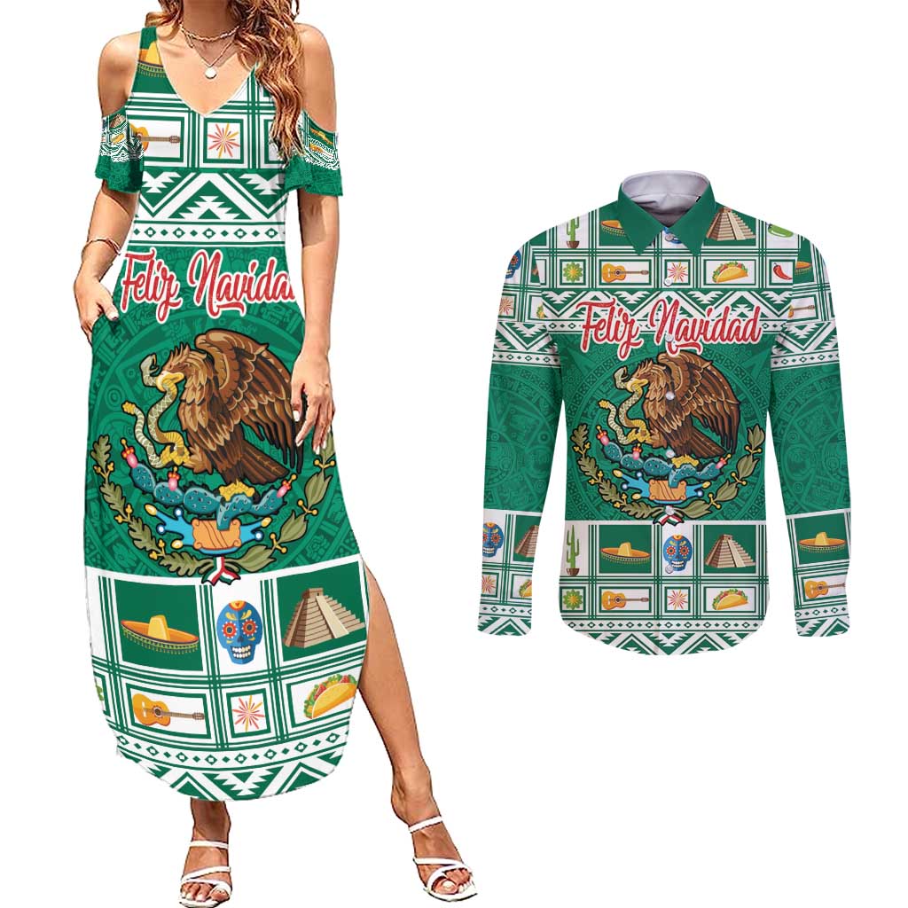 Personalized Mexico Christmas Couples Matching Summer Maxi Dress and Long Sleeve Button Shirt Coat Of Arms With Aztec Mexican Patterns - Wonder Print Shop