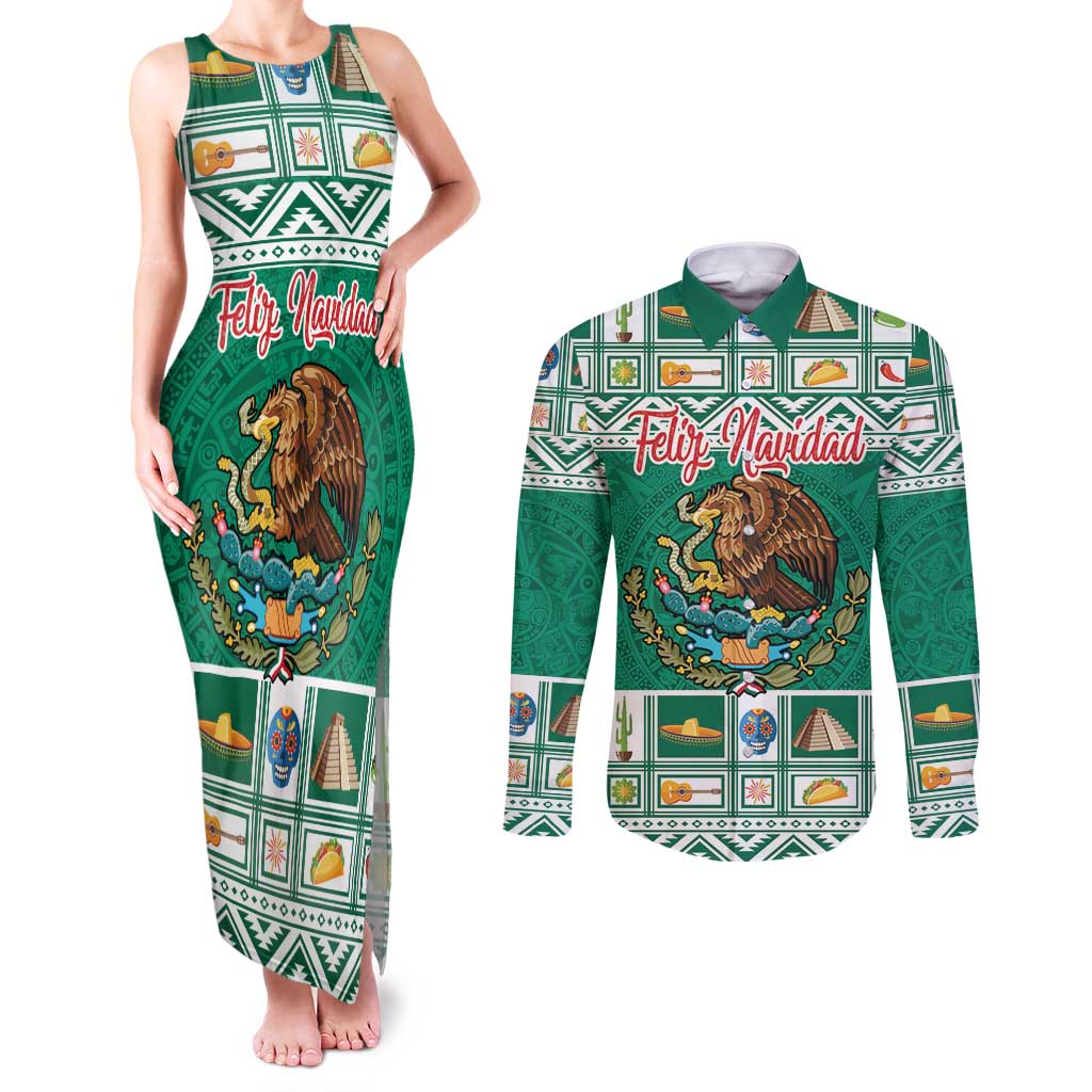 Personalized Mexico Christmas Couples Matching Tank Maxi Dress and Long Sleeve Button Shirt Coat Of Arms With Aztec Mexican Patterns - Wonder Print Shop