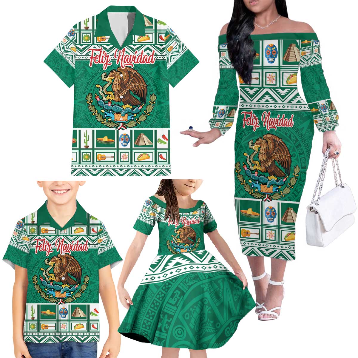 Personalized Mexico Christmas Family Matching Off The Shoulder Long Sleeve Dress and Hawaiian Shirt Coat Of Arms With Aztec Mexican Patterns