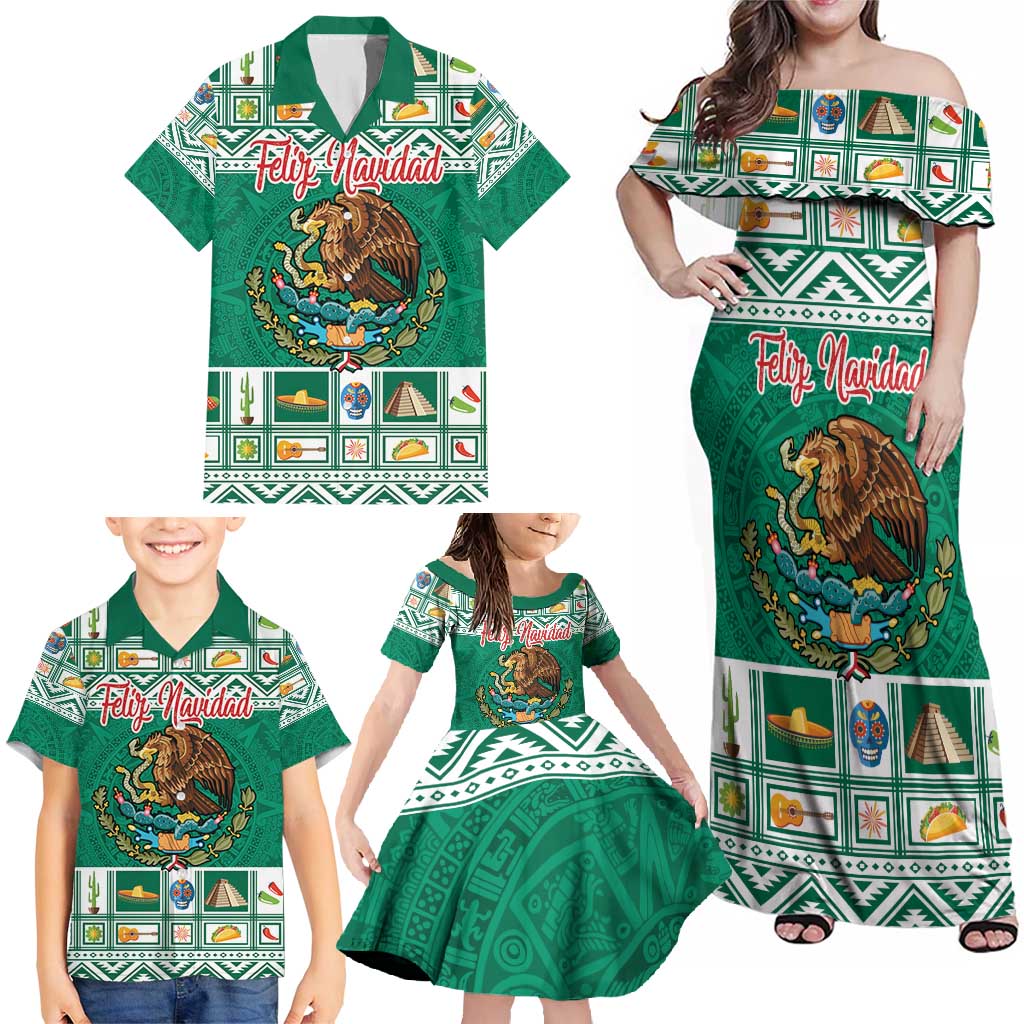 Personalized Mexico Christmas Family Matching Off Shoulder Maxi Dress and Hawaiian Shirt Coat Of Arms With Aztec Mexican Patterns