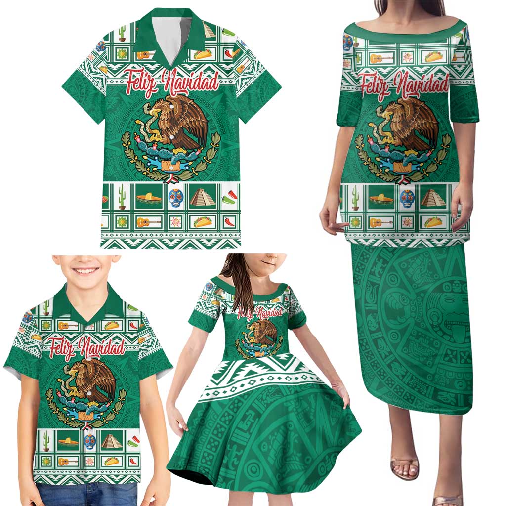 Personalized Mexico Christmas Family Matching Puletasi and Hawaiian Shirt Coat Of Arms With Aztec Mexican Patterns