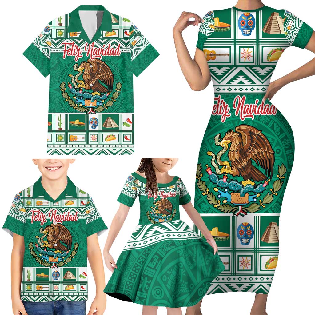 Personalized Mexico Christmas Family Matching Short Sleeve Bodycon Dress and Hawaiian Shirt Coat Of Arms With Aztec Mexican Patterns